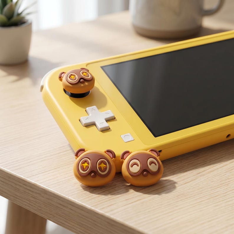 Op de afbeelding: Gele handheld gameconsole met een zwart scherm en witte knoppen. De joystick en twee extra knoppen zijn versierd met bruine en bruin/beige dierentoppers. De console ligt op een lichtgekleurd houten oppervlak.