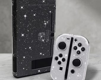 Nintendo Switch transparante glitterhoes, sterrenstelselthema, beschermhoes voor Switch 1-2, OLED, Lite, zwart-witte glitter