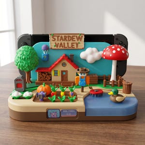 May include: A colorful Stardew Valley-themed Nintendo Switch accessory. The scene includes a house, crops, a mushroom, and a duck in a pond. The text "STARDEW VALLEY" is displayed on a wooden sign. The accessory is designed to hold the Switch console.