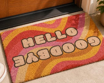 Funny Retro Hello Goodbye Doormat, Groovy Wavy Entryway Rug, Introvert Housewarming Gift