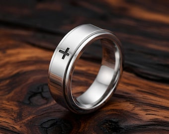 Anillo giratorio de cruz de acero inoxidable para hombre – Anillo de fe para aliviar la ansiedad