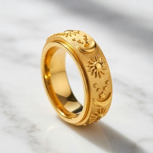 Celestial Sun Moon Star Spinner Ring • Titanium Fidget Band, Gold Silver Black