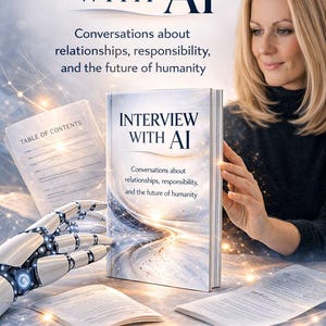 Könnte beinhalten: Das Buchcover für "Interview With AI" zeigt den Titel in großen, dunkelblauen Buchstaben. Das Cover enthält auch den Untertitel "Gespräche über Beziehungen, Verantwortung und die Zukunft der Menschheit". Eine Frau und eine Roboterhand sind ebenfalls im Bild.