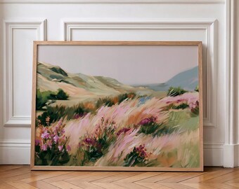 Soft Coastal Landscape Fall Wall Art, Pastel Wildflower Printable, Romantic Beach Dunes Painting (Digital Download)