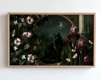 Halloween Black Cat Frame TV Art, Crescent Moon Gothic Floral Painting, Witchy Samsung TV Screensaver (Digital Download)