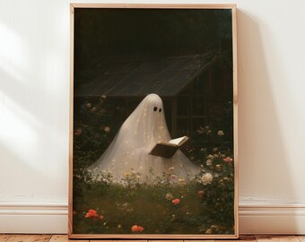 Bookish Halloween Wall Art, Glimmering Ghost Reading in a Rose Garden, Vintage Spooky Garden, Moody Autumn Decor (Digital Download)