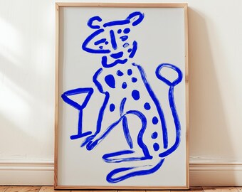 Spotted Leopard Wall Art with Martini, Cobalt Blue Animal Painting, Playful Cocktail Bar Decor (Digital Download)