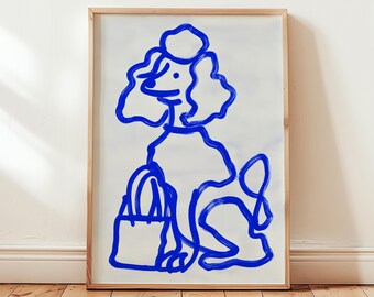 Poodle Wall Art with Handbag, Cobalt Blue Dog Painting, Fashion Animal Print, Chic Pet Lover Decor (Digital Download)