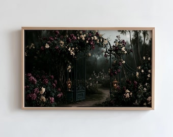 Halloween Secret Garden Gate Frame TV Art, Dark Floral Art Nouveau Painting, Gothic Cottagecore Samsung TV Screensaver (Digital Download)