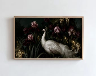 White Peacock Frame TV Art, Dark Floral Art Nouveau Painting, Moody Gothic Botanical Samsung TV Screensaver (Digital Download)