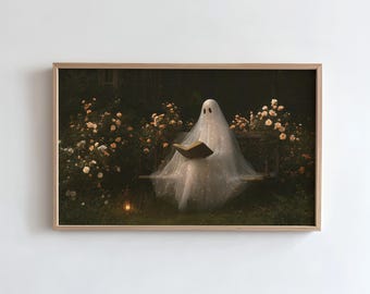 Halloween Frame TV Art, Glimmering Ghost Reading, Cozy Spooky Garden Samsung TV Screensaver (Digital Download)