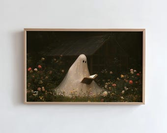 Halloween Frame TV Art, Glimmering Ghost Reading in a Rose Garden Samsung TV Screensaver (Digital Download)