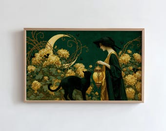 Halloween Witch Frame TV Art, Black Cat Lantern Painting, Art Nouveau Gothic Samsung Frame TV (Digital Download)