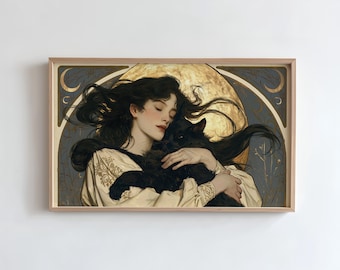 Witch Familiar Frame TV Art, Black Cat Embrace, Moon, Art Nouveau (Digital Download)
