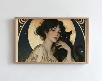 Black Cat Witch Frame TV Art, Moon Portrait, Art Nouveau Witchcore Halloween (Digital Download)