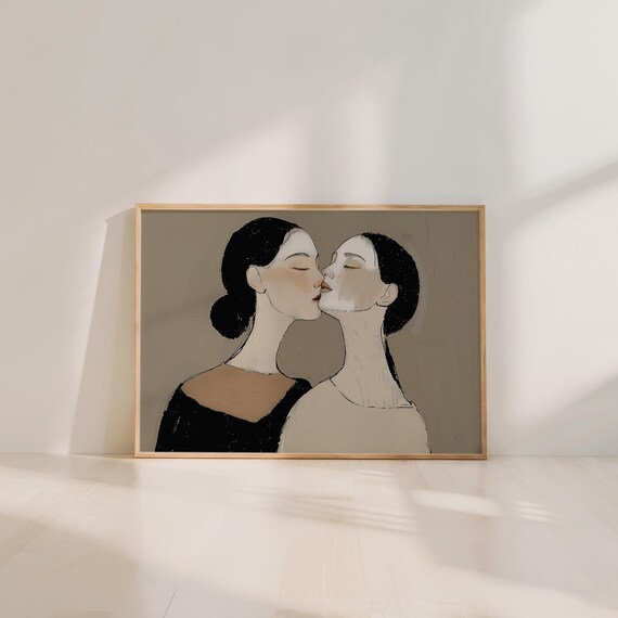 Minimalist Couple Kiss Art, Neutral Romantic Portrait, Modern Calm Wall Decor (Digital Download)