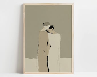 Minimalist Couple Portrait Printable, Neutral Line Art Embrace for Calm Modern Decor (Digital Download)