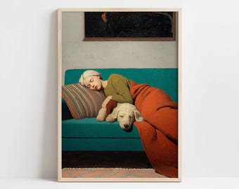 Goldendoodle Wall Art, Sleeping Woman and Cream Doodle Dog Decor, Cozy Teal Sofa Painting, Dog Lover Printable (Digital Download)