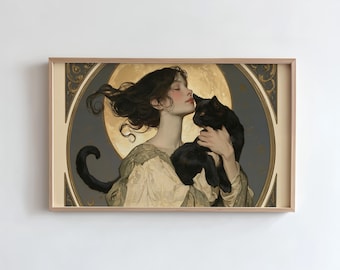 Witch and Black Cat Frame TV Art, Moonlit Familiar Portrait, Art Nouveau (Digital Download)
