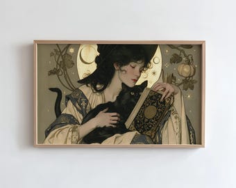 Witchy Frame TV Art, Art Nouveau Witch with Black Cat, Spellbook, Moon Halloween (Digital Download)