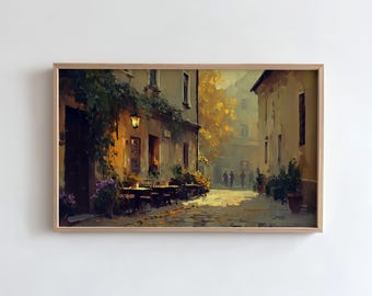 Fall Frame TV Art, Cozy Old Town Street Painting, Fall Café Village Art, Warm European Town, Vintage TV Art  (Digital Download)