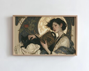 Witchy Frame TV Art, Spellbook Witch with Black Cat, Moon, Pumpkin Halloween (Digital Download)