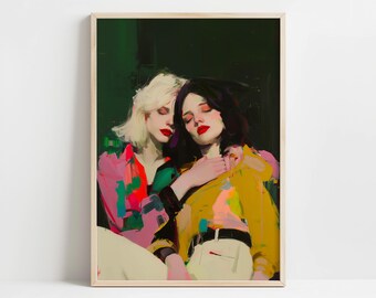 Sapphic Wall Art, Bold Fashion Portrait, Colorful Lesbian Wall decor, Modern Abstract painting (Digital Download)