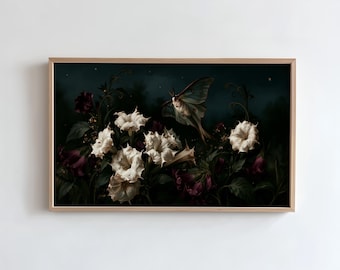 Luna Moth Frame TV Art, White Moonflower Dark Floral Painting, Whimsigoth Gothic Botanical Samsung TV (Digital Download)