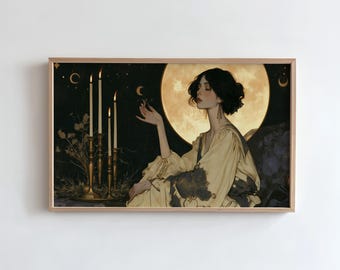 Witch Ritual Frame TV Art, Candles, Full Moon, Art Nouveau Witchcore Halloween (Digital Download)