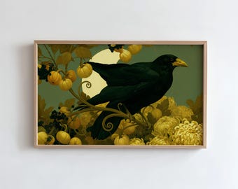 Crow Frame TV Art, Raven and Pumpkin Halloween Painting, Art Nouveau Gothic Samsung Frame TV (Digital Download)