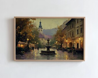 Fall Frame TV Art, Cozy Village Square Painting, Fall Old Town Fountain, Vintage Cityscape Seasonal Samsung Frame TV  (Digital Download)