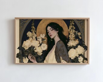 Dark Feminine Frame TV Art, Moon Garden Witch, White Flowers, Art Nouveau (Digital Download)