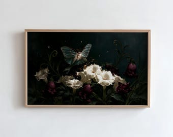 Luna Moth Frame TV Art, Midnight Moonflower Garden, Dark Botanical Whimsigoth Samsung TV Screensaver (Digital Download)