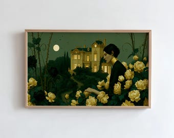 Haunted Manor Frame TV Art, Gothic Woman and Moon Painting, Art Nouveau Halloween Samsung Frame TV (Digital Download)
