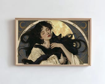 Witchy Frame TV Art, Spellbook Witch with Black Cat, Moon, Pumpkin Halloween (Digital Download)