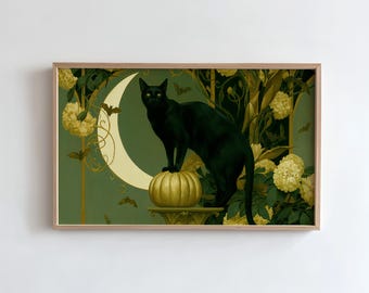Black Cat Pumpkin Frame TV Art, Crescent Moon Halloween Painting, Art Nouveau Gothic Samsung Frame TV (Digital Download)