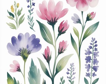 Pastel Flower Bouquet Print | Watercolor Wildflower Art | Soft Botanical Decor | Digital Download | Printable Wall Art