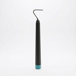 May include: A dental tool with a black, textured handle and a curved, hook-shaped end. The handle has a teal-colored base. The tool is designed for dental procedures and is set against a white background.