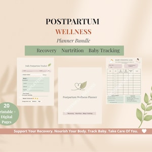 Pode incluir: Um pacote de planejadores de bem-estar pós-parto em um fundo bege claro. O texto inclui "POSTPARTUM WELLNESS Planner Bundle" e "Recovery, Nutrition, Baby Tracking". O pacote inclui páginas imprimíveis para rastreamento diário.