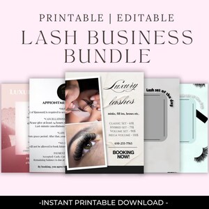 May include: A collection of printable and editable lash business templates. The bundle includes appointment forms, price lists, and promotional materials. The design features images of lash extensions and the text "Luxury lashes".