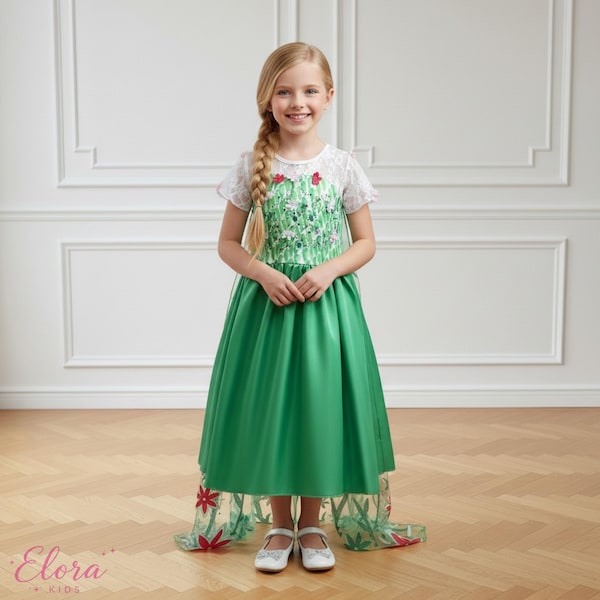 IJsprinsesjurk voor meisjes, groene sprookjesjurk, winterprinseskostuum, bloemenmeisjesjurk, verjaardagsfeestjejurk, peuterjurk