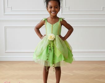 Op kikkerprinses geïnspireerde jurk, groene feeënprinsesjurk voor meisjes, tule feestjurk, verjaardagsoutfit, bloemenmeisjesjurk, kinderkostuum