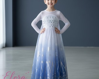 Ice Magic Costume, Blue White Fairytale Gown, Winter Fantasy Princess Dress for Girls, Long Sleeve Party Dress, Kids Birthday Dress,