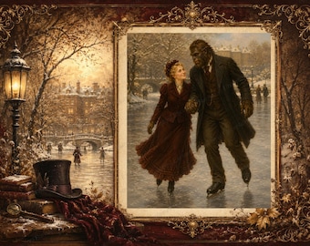 The Gentleman in Fur — Bigfoot Victorian Ice Skating Couple, Sasquatch Wall Art, Cryptid Romance Print