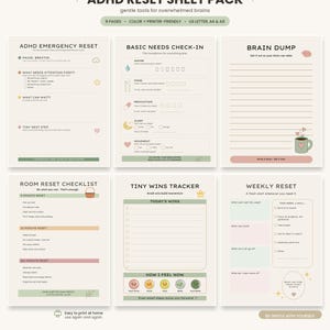Op de afbeelding: Een zesdelig ADHD-reset-bladpakket met printbare planners in zachte pastelkleuren. De pagina's bevatten ADHD Emergency Reset, Basic Needs Check-in, Brain Dump, Room Reset Checklist, Tiny Wins Tracker en Weekly Reset met diverse iconen.