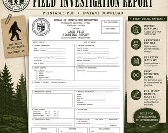 Cryptid Sighting Report Printable PDF | Vintage Government Investigation Form | Bigfoot, UFO & Paranormal Journal Template