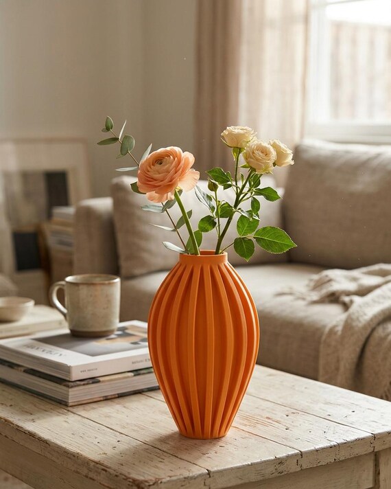 3D Vase „Ravo“ modern geriffelt | Minimalistische Blumenvase | Skandinavische Wohnzimmer Deko | Scandi Vase | Wasserdicht | Geschenkidee