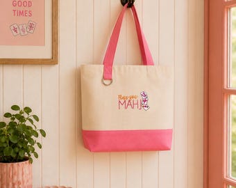 Embroidered MAHJ Tote Bag | Cotton Market Bag, Zippered Carryall