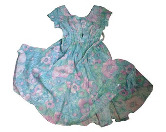 Sheer dress, Full Skirt, Belted Dress, Vintage dress, Floral size 2 - 4 Homemaker Dress, Fitted, Swing Skirt, Blue Aqua Green Pink Pastels