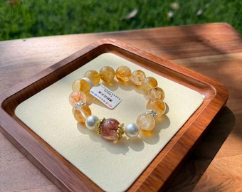 14mm Yellow Rutilated Quartz Bracelet | Natural Crystal Jewelry | Golden Flower Quartz | Wealth & Abundance Stone |